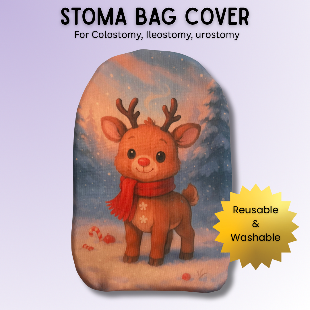Christmas Reindeer stoma bag cover with cute reindeer wearing a scarf – cozy and festive ostomy cover for winter.
