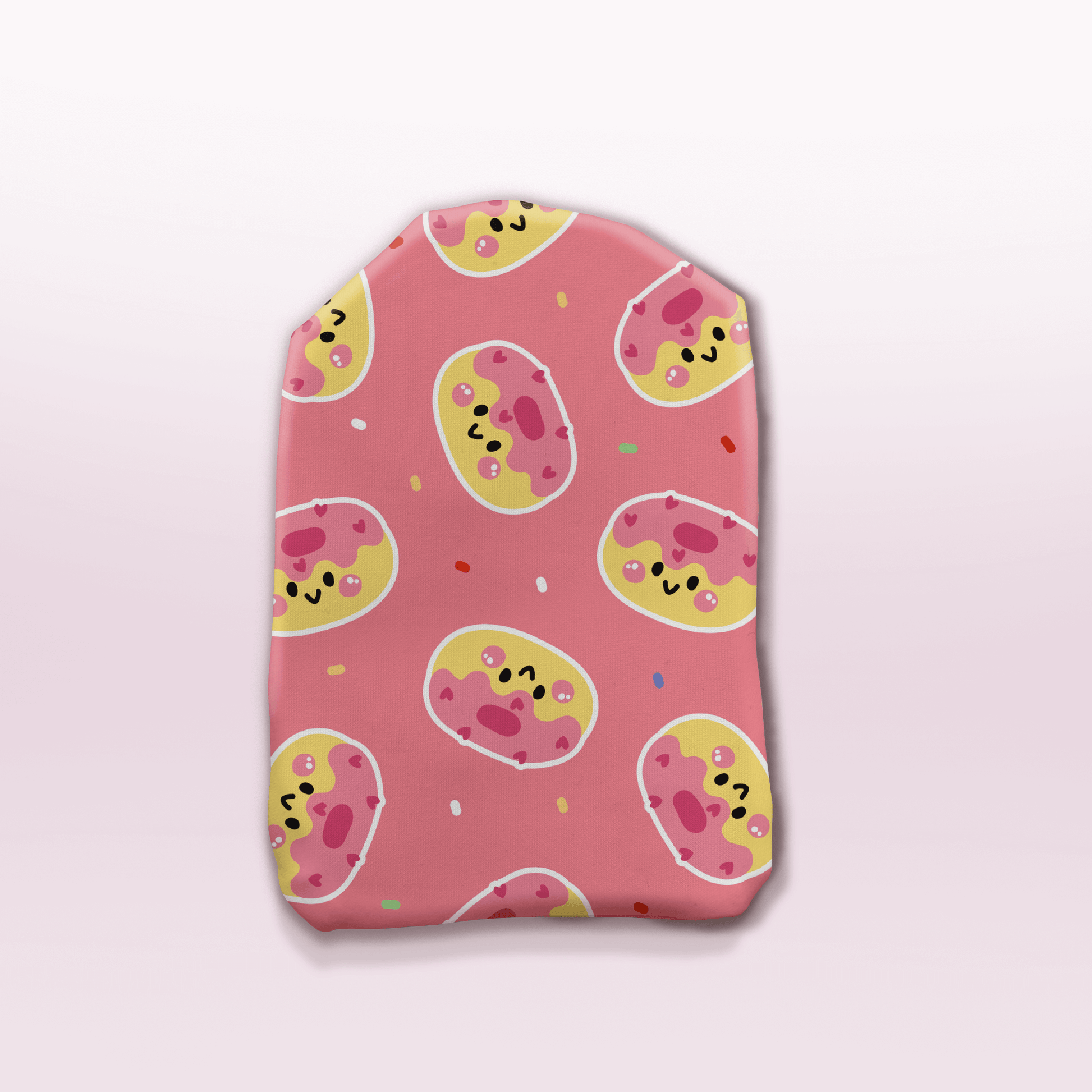 Jammy Doughnut Buddies stoma bag cover from Stoma Styles, decorated with smiling jelly-filled doughnuts on a peach background – sweet and playful design.